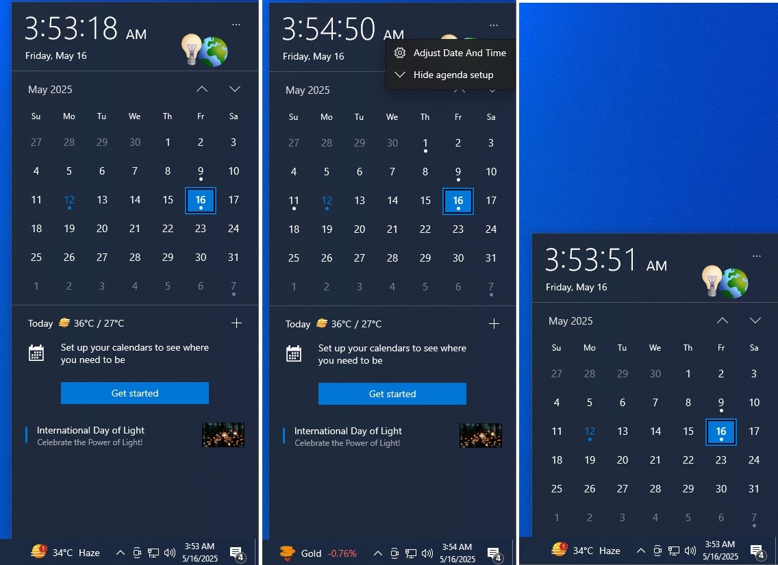 Calendario Flyout Nuevo UX en Windows 10