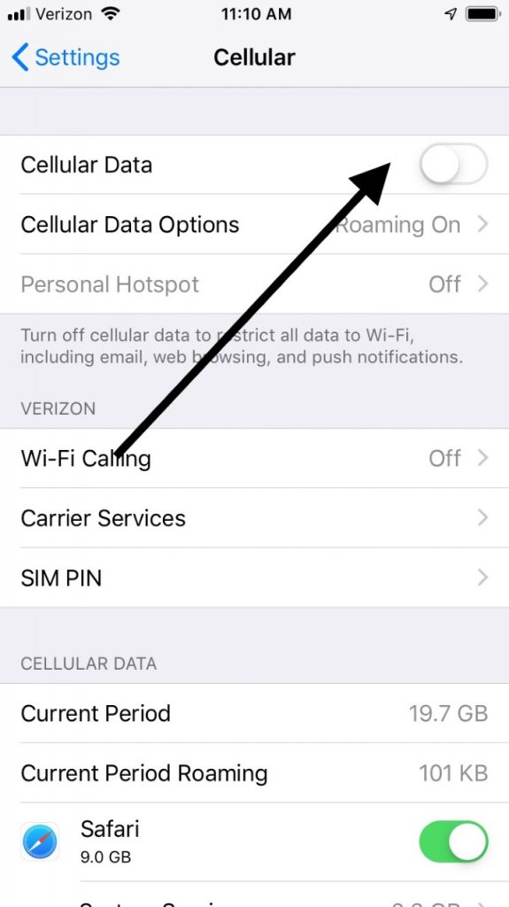 Datos celulares para la actualización celular fallida