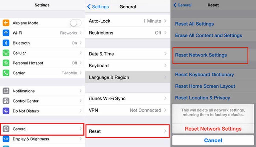 Restablecer la configuración de la red para la actualización celular fallida