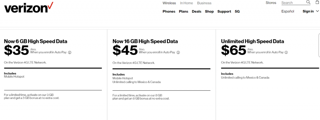 Imágenes de precios de Verizon
