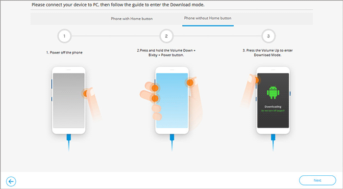 entrar en modo de descarga para el teléfono sin botón de inicio