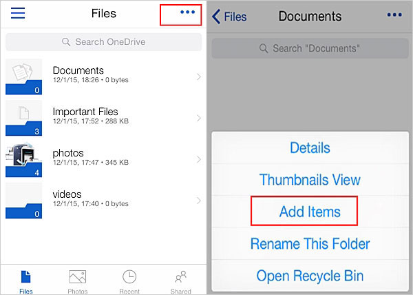 Agregar elementos a OneDrive