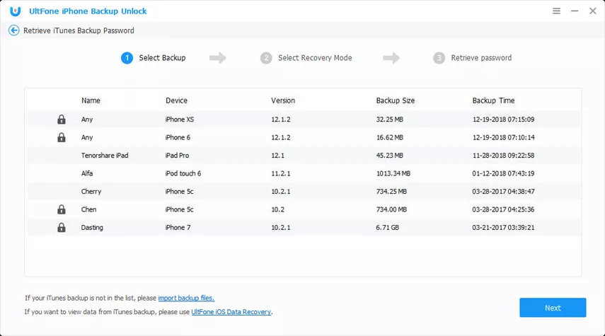 Elija un archivo de copia de seguridad de iPhone cifrado