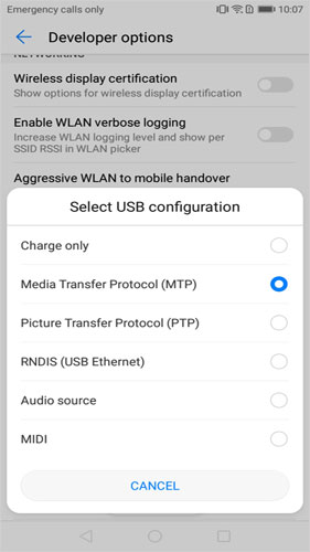 Elija la configuración USB