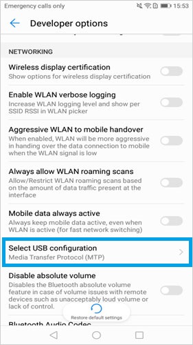 Seleccione la configuración USB