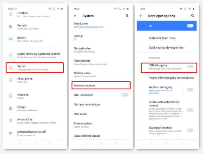 Habilitar la depuración USB en Realme