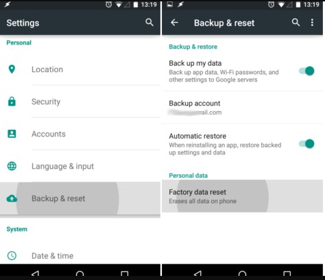 Restablecimiento de fábrica de Android