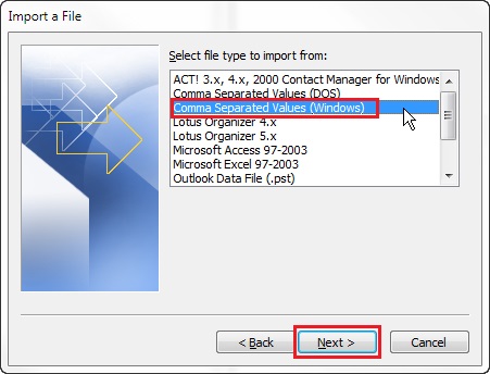 Mueva los archivos CSV a Outlook