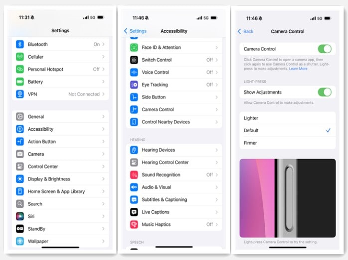 Accesibilidad al control de la cámara del iPhone 16