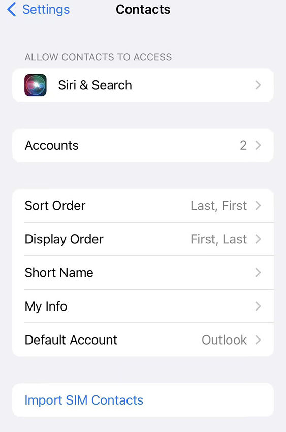 Contactos de iPhone Cuenta predeterminada