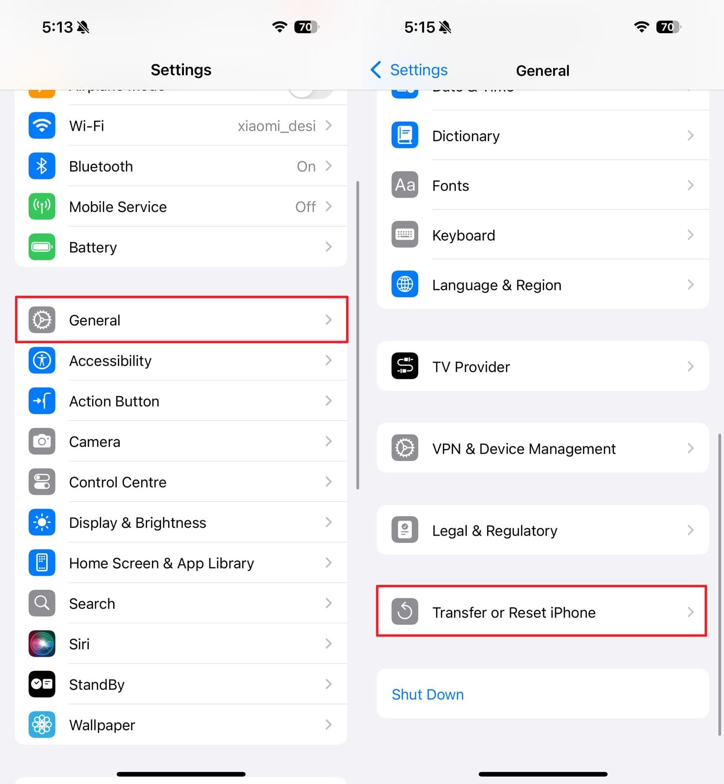 Toque la opción de transferencia o restablecimiento de iPhone