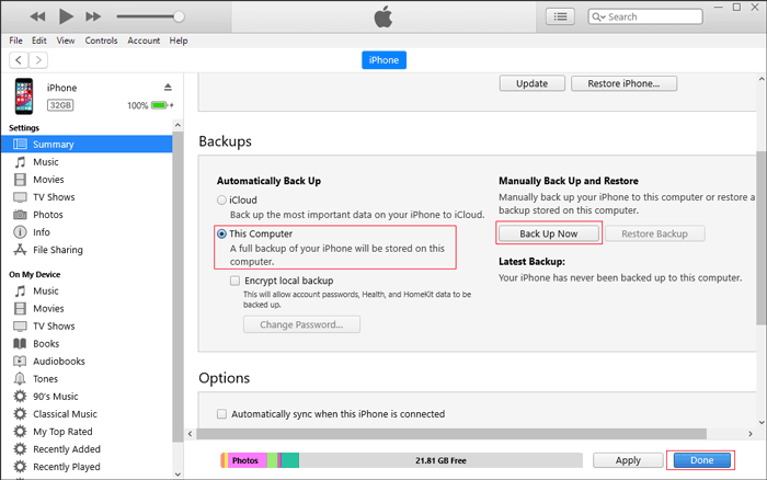 Hacer una copia de seguridad de los contactos y otros archivos de iPhone a Mac usando iTunes