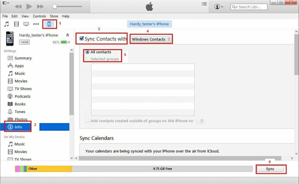 Sincronización de contactos con iTunes