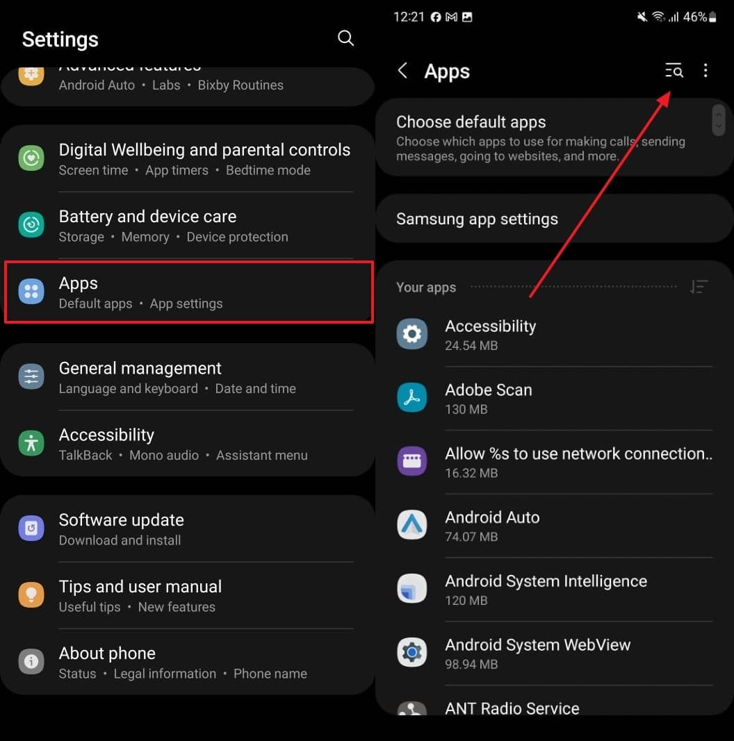 Localizar la opción de aplicaciones en la configuración de Android