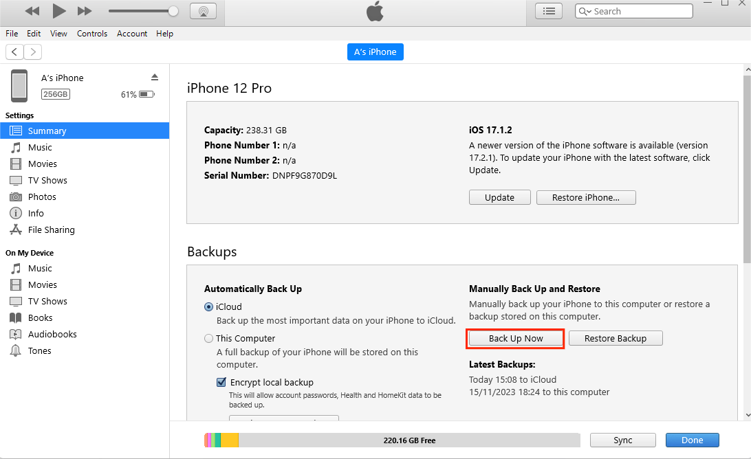 IPhone de respaldo a través de iTunes