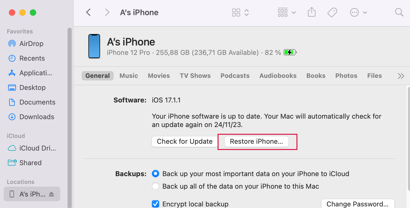 Restaurar iPhone usando Finder