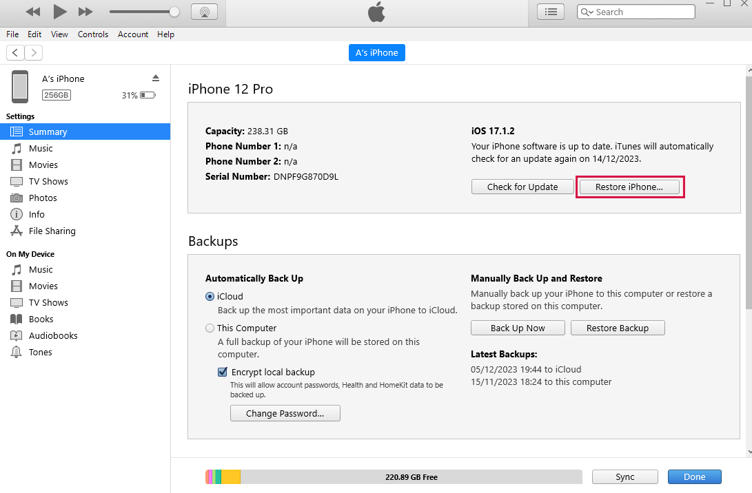 iPhone conectado con iTunes usando el modo DFU