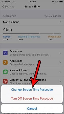 Desactivar el código de contraseña del tiempo de pantalla