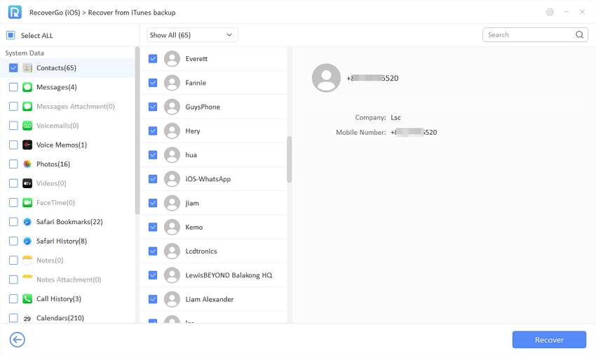 Recovergo iOS muestra datos escaneados