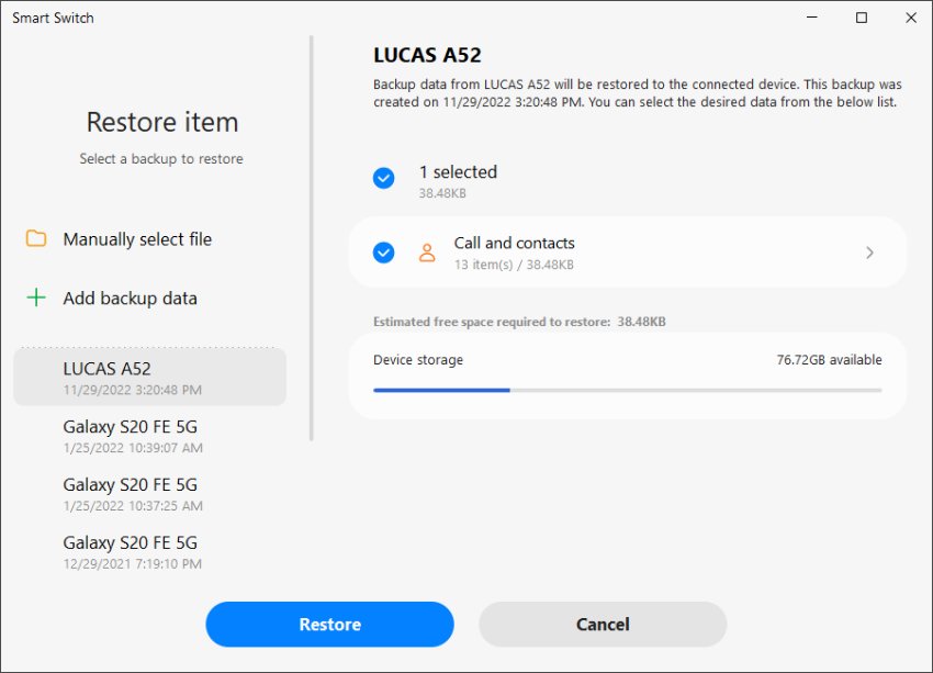 Restaurar contactos en el teléfono Samsung a través de Smart Switch 2