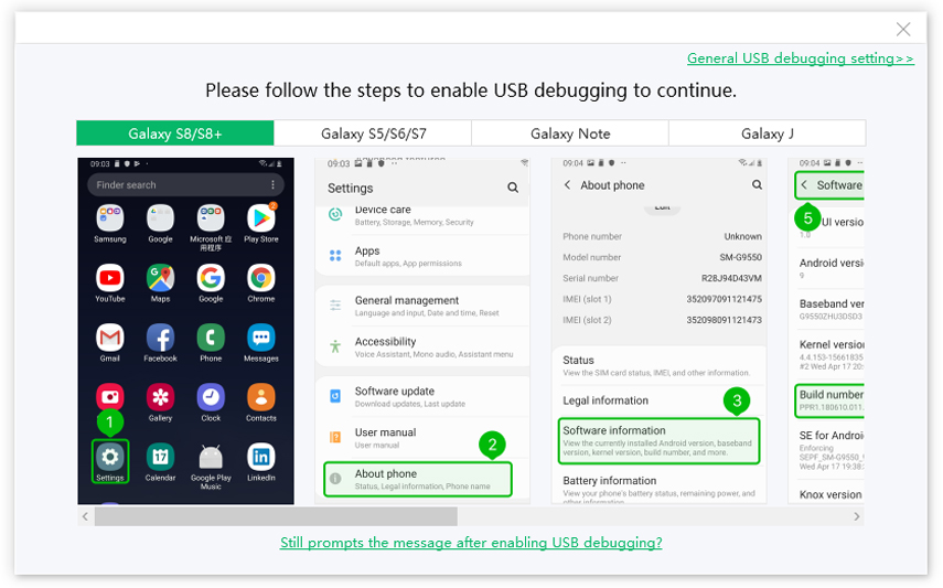 Habilitar la depuración de Samsung USB