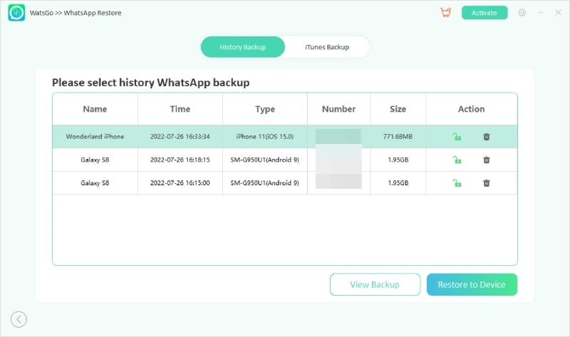 Seleccione la copia de seguridad de WhatsApp