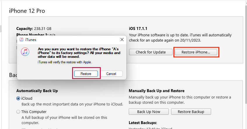Restaurar iPhone a través de iTunes