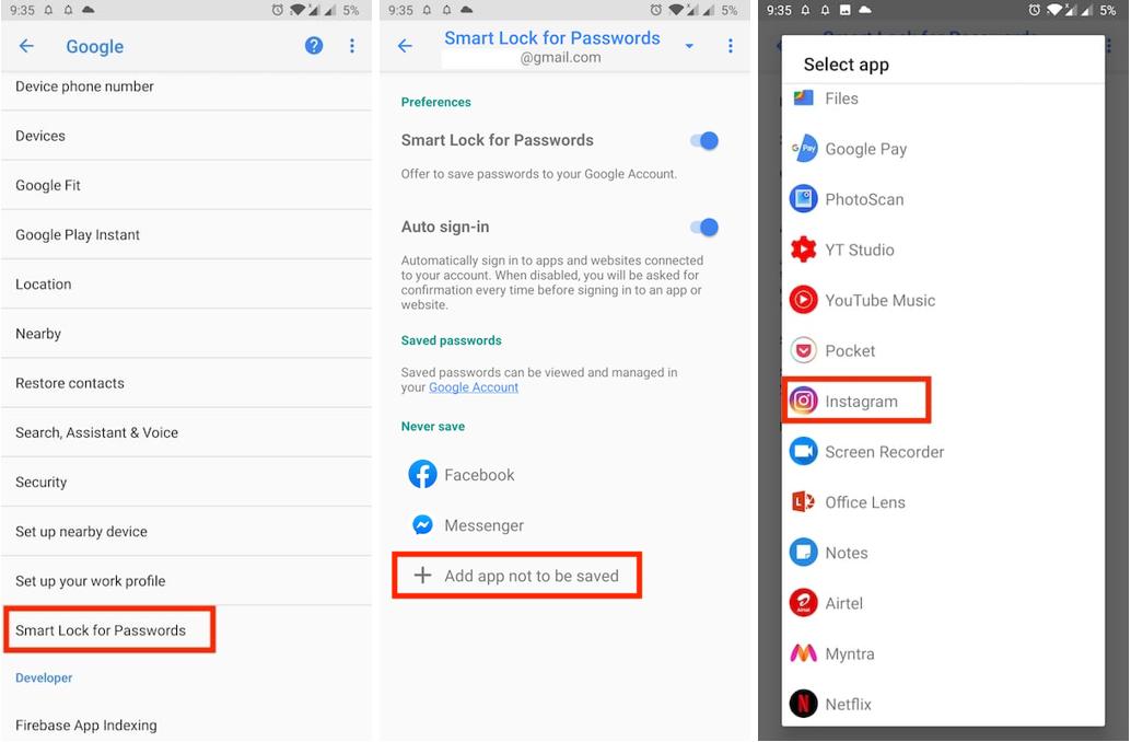 Apague Google Smart Lock en Instagram