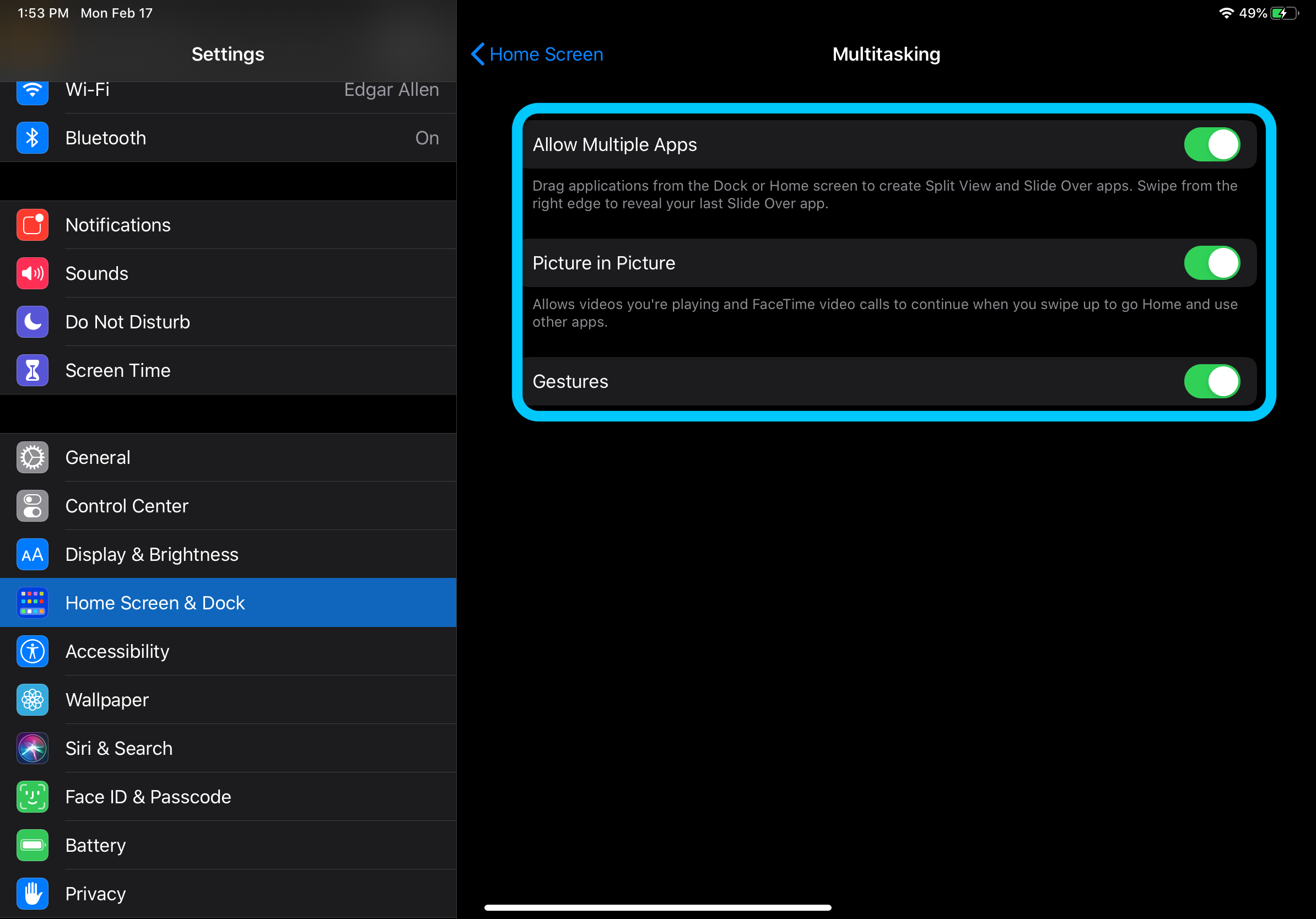 Desactive la pantalla dividida en iPads con versiones de iPados antes de 15