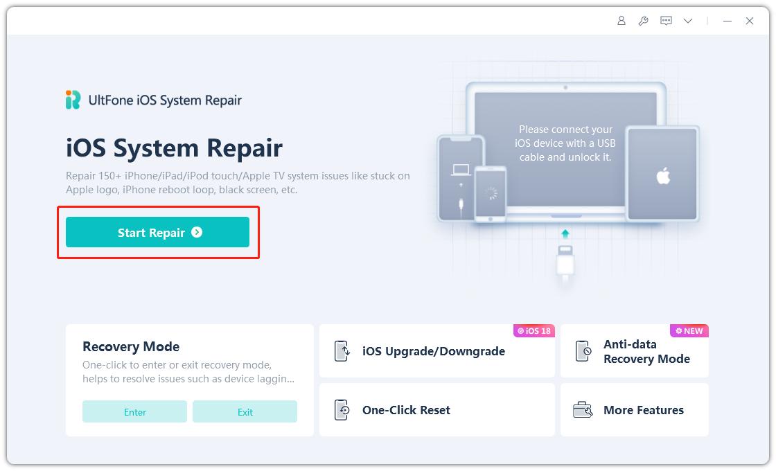 Descargue la reparación del sistema ultfone iOS para arreglar iOS 17 check in no funciona