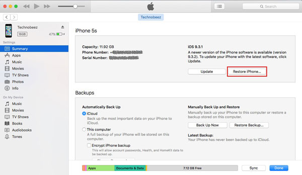 Arreglar la pantalla Azul de iPhone haciendo configuraciones de fábrica en iPhone