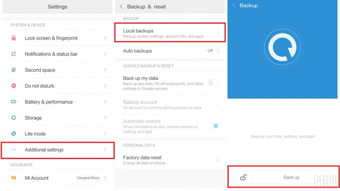 Realice una copia de seguridad de MI a través de una copia de seguridad local